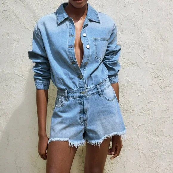 Light Wash Casual Women's Denim Bib Pants Long Sleeve Romper Jumpsuit - Picture 4 of 6